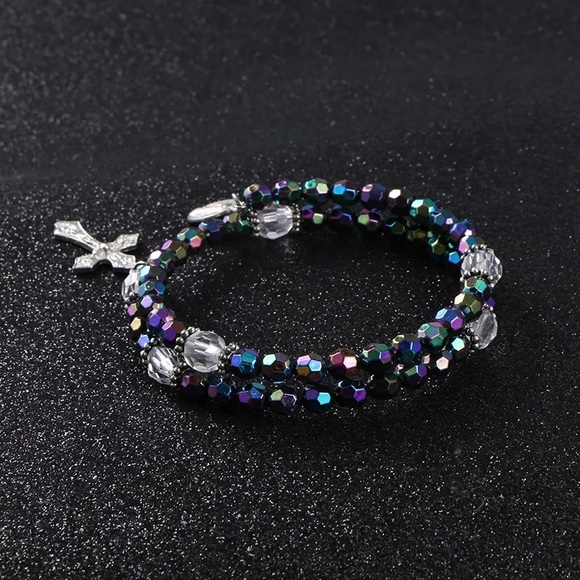 6mm Acrylic Beads Cross Pendant Bracelet - Picture 4 of 6